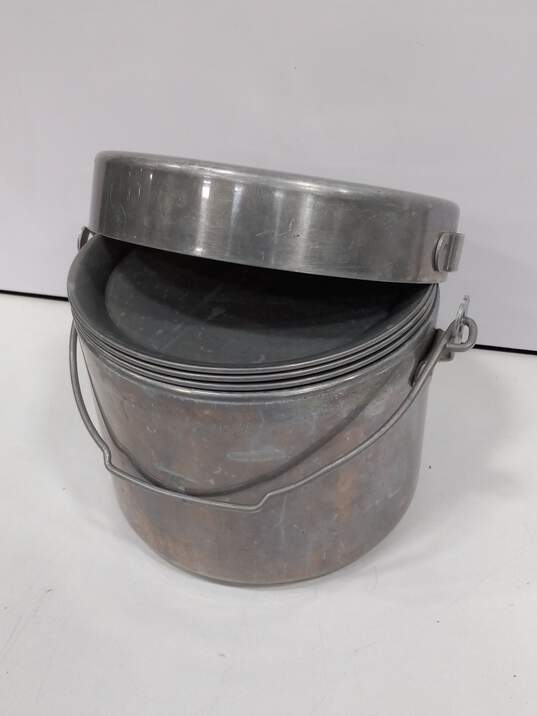 ALUMINUM CAMPING COOKWARE: INCLUDES 2 POTS, 2 CUPS, 2 PANS, 3 PLATES, AND STORAGE BAG image number 7
