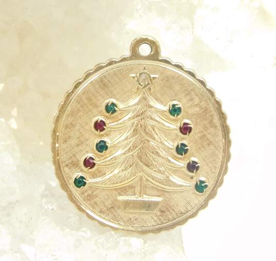 10K Yellow Gold Green & Red Glass Christmas Tree Charm Pendant 4.4g image number 1