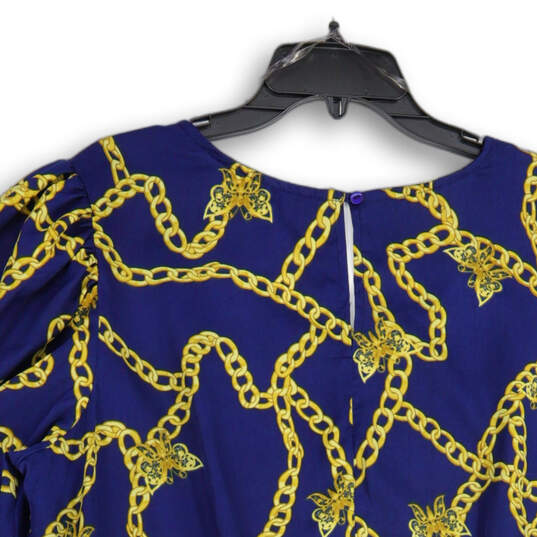 Womens Blue Gold Chain Print Long Sleeve Peplum Blouse Top Size 14/16 image number 4