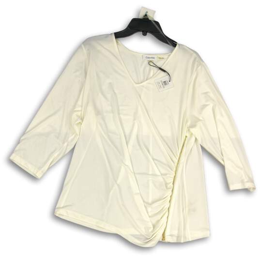 NWT Calvin Klein Womens White V-Neck 3/4 Sleeve Side Ruched Blouse Top Size 1X image number 1