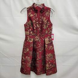NWT Vince Camuto WM's Jacquard Ruffle Neck Fit & Flare Red & Metallic Gold Dress Size 4