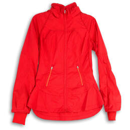 Womens Red Long Sleeve Thumb Hole Hooded Full-Zip Activewear Jacket Size 6