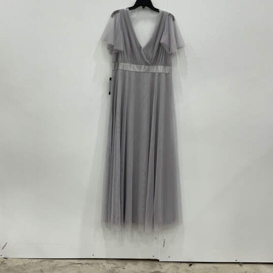 Buy the NWT Womens Gray V-Neck Flared Sleeve Back Zip Wrap Dress Size ...