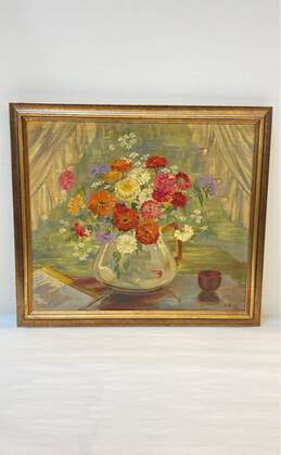 Original Floral Still Life Oil on canvas by V. Wood Signed. Framed
