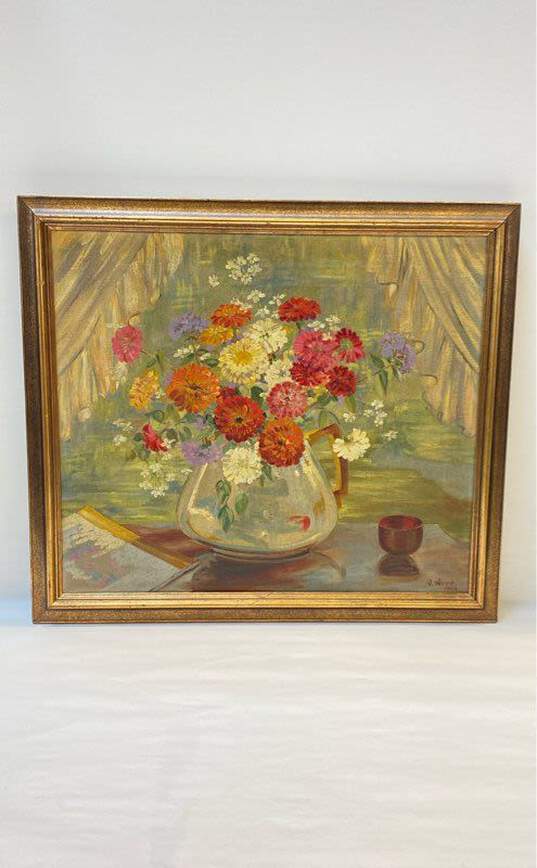 Original Floral Still Life Oil on canvas by V. Wood Signed. Framed image number 1