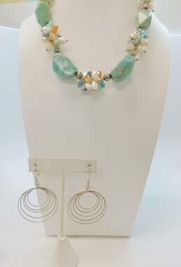 Dyadema & Artisan 925 Amazonite Pearl & Blue Crystals Beaded Statement Necklace & Textured Nested Circles Drop Earrings 123g