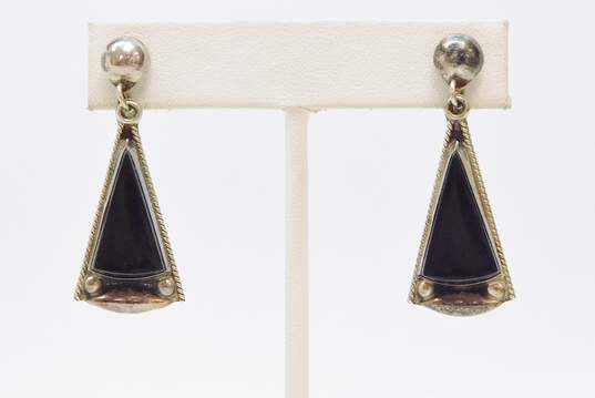 VNTG 925 Signed JFG Mexico Modernist Onyx Drop Earrings image number 2