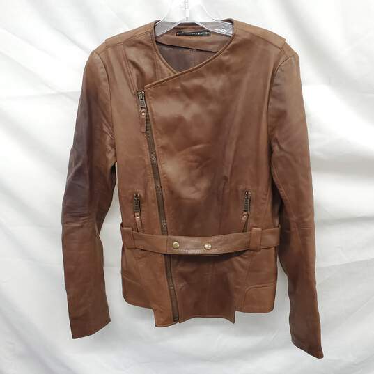 Balenciaga Brown Leather Side Zip Lambskin Biker Jacket Women's Size 42 - AUTHENTICATED image number 1