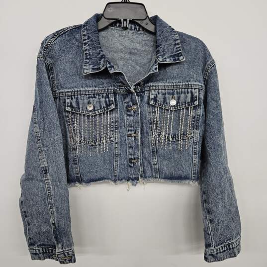 Blue Jean Fringe Crop Top Jacket With Rhinestones On Pocket image number 4