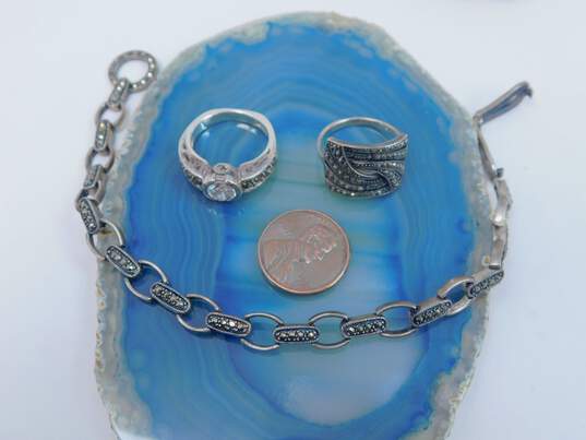 Romantic Sterling Silver Marcasite Link Bracelet Ring & CZ Ring 20.4g image number 9