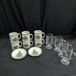15PC SPODE England Christmas Tree Pattern Glass Mugs & Bowls Bundle