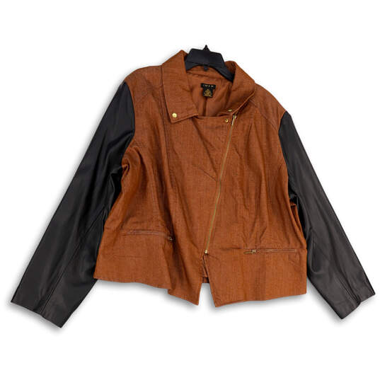 Womens Brown Black Pockets Long Sleeve Asymmetrical Full-Zip Jacket Size 3X image number 1