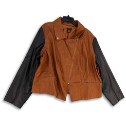 Womens Brown Black Pockets Long Sleeve Asymmetrical Full-Zip Jacket Size 3X