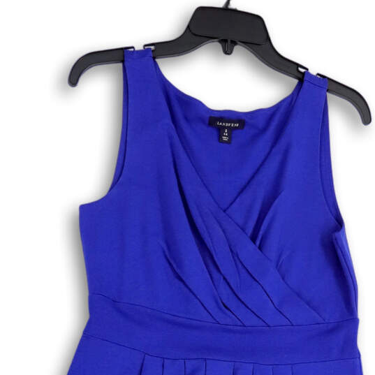 Womens Blue Wrap V-Neck Sleeveless Pleated Knee Length A-Line Dress Sz 6-8 image number 3