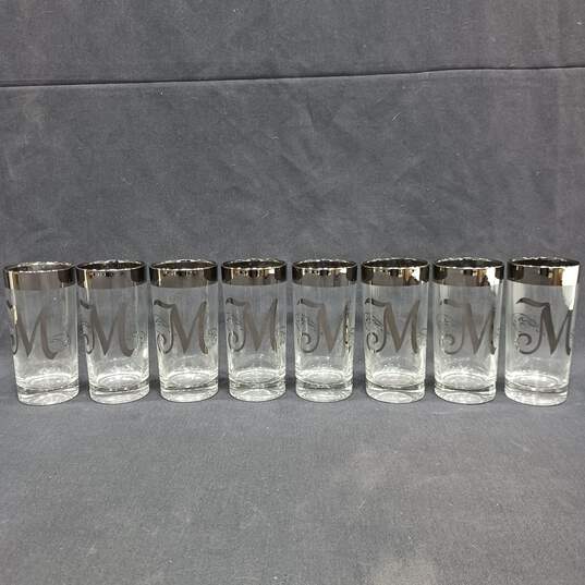 8 Vintage Monogram "M" Lusterware Silver Band Highball Juice Glasses image number 1