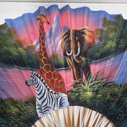 Bamboo Fan Wall Art Of A Giraffe, Zebra & Elephant In A Jungle alternative image