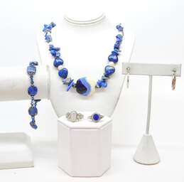 925 Hoop Earrings Sodalite & Pearl Necklace Bracelet Lapis Lazuli MOP Rings