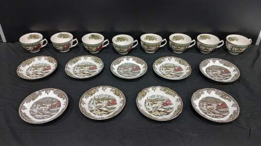 Set of Assorted Johnson Bros Friendly Village Cups & Saucers image number 1