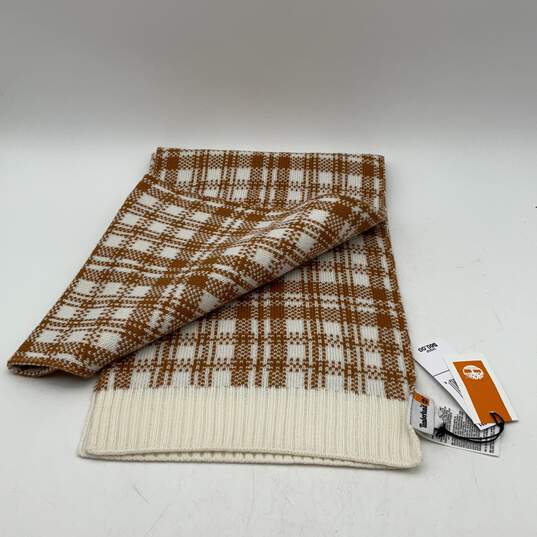 NWT Timberland Womens Brown White Plaid Ribbed Knitted Fringe Rectangle Scarf image number 2