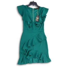 NWT Womens Green Ruffle V-Neck Back Zip Knee Length Sheath Dress Size S