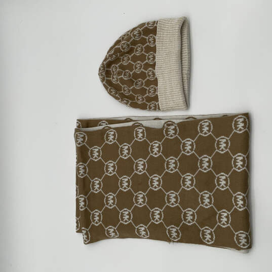 Set Of 2 Womens Brown Jet Set Monogram Acrylic Infinity Scarf And Beanie image number 1