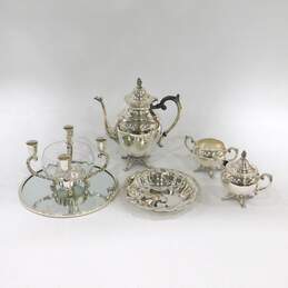 WM Rogers Silver Plate Teapot Creamer Sugar W/ Serving Trays & Candle Holder