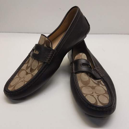 Buy the Coach Neal Signature Brown/Khaki Leather Driving Penny Loafers Men's  Size 9M
