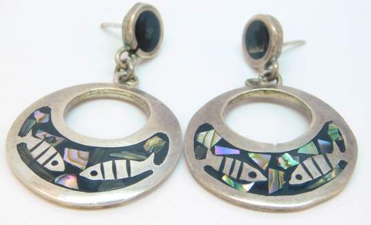 Taxco Sterling Silver Abalone Inlay Fish Open Circle Dangle Earrings 16.7g image number 2