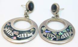 Taxco Sterling Silver Abalone Inlay Fish Open Circle Dangle Earrings 16.7g alternative image