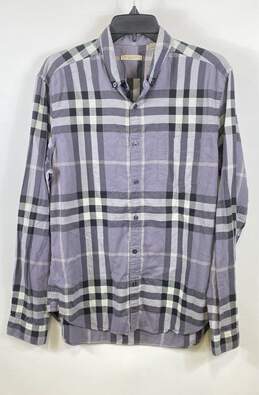 Burberry Men Purple Plaid Button Up Shirt L