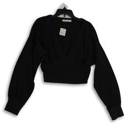 NWT Womens Black Surplice Neck Long Sleeve Knit Crop Blouse Top Size M