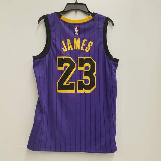 Nike Men's L.A. Lakers Lebron James #23 Purple Pin Striped Jersey Sz. L image number 2