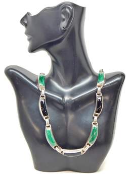 Taxco Mexico 950 Silver Modernist Faux Malachite & Onyx Chunky Curved Bar Linked Collar Necklace 85.9g alternative image
