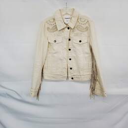 Desigual Ivory Cotton Embroidered Fringe Denim Jacket WM Size XS