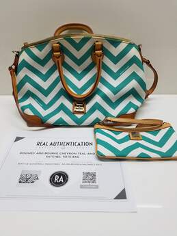 Dooney and Bourke Chevron Teal and White Satchel Tote Bag w Wallet