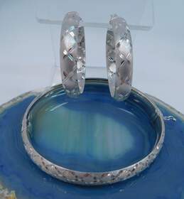 ATI Contemporary 925 Etched Lattice & Sandblasted Textured Puffed Hoop Earrings & Hinged Bangle Bracelet Set 21.8g