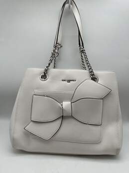 Authentic Womens White Leather Bow Double Semi Chain Strap Shoulder Bag