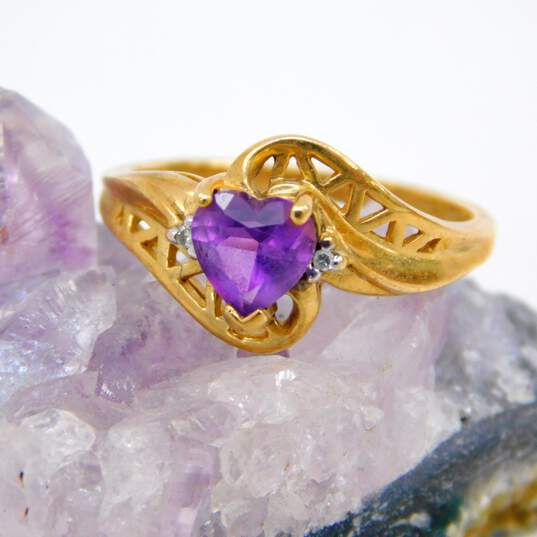 10K Yellow Gold Heart Amethyst Diamond Accent Open Work Bypass Ring 2.8g image number 3