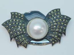 Romantic Judith Jack 925 Sterling Silver Marcasite & Faux Mabe Pearl Bow Brooch 21.0g