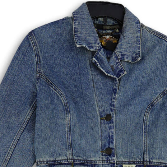 Womens Blue Denim Light Wash Collared Long Sleeve Jean Jacket Size M image number 3