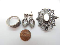 925 Artisan Mother Of Pearl Marcasite Brooch w/ Earrings & Ring 18.9g alternative image