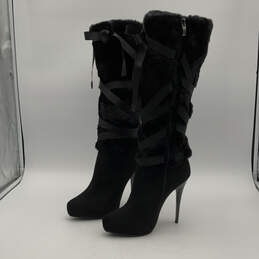 Womens Black Ribbon Side Zip Stiletto Heel Knee High Boots Size 10
