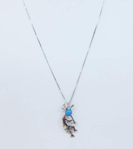 Southwestern Artisan 925 Sterling Silver Faux Turquoise Kokopelli Pendant On Box Chain Necklace 4.6g image number 1