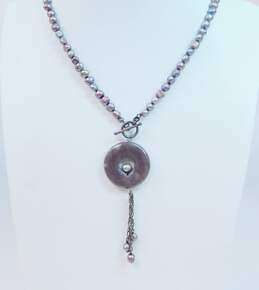 Artisan 925 Purple Agate Disc Chains Dark Pearls Beaded Lariat Toggle Necklace Cluster Ring & Herringbone Bracelet 36.4g alternative image