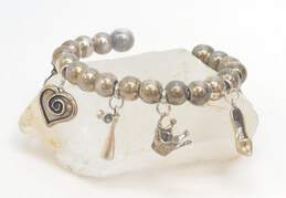 Sterling Silver Cat Crown Heart Cross Ball Beaded Charm Cuff Bracelet 38.0g