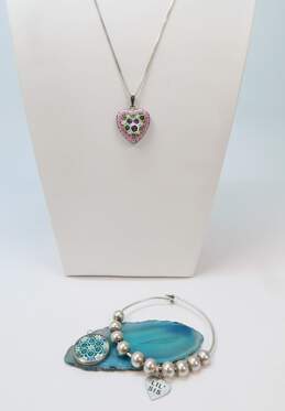 Artisan 925 Flowers & Hearts Art Glass Pink Heart & Blue Circle Pendants Necklace & Lil Sis Charm Ball Beaded Bangle Bracelet 21.8g