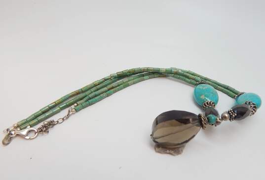 XS Sally C 925 Faceted Smoky Quartz Pendant & Turquoise & Granulated Beaded Double Strand Necklace 51.2g image number 3