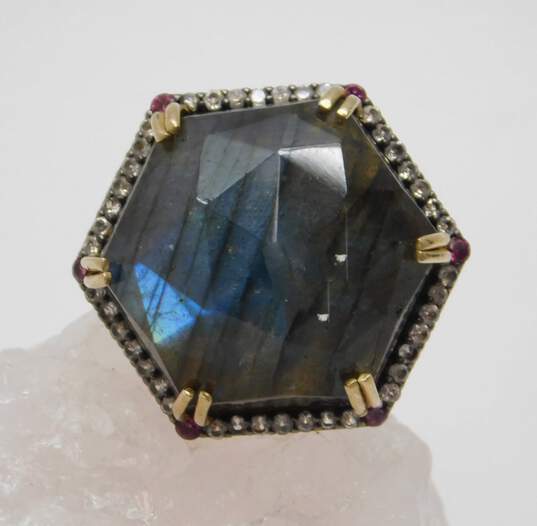 India 925 Vermeil Faceted Blue Flash Labradorite & Garnet & Quartz Accents Hexagon Statement Ring 16.5g image number 3