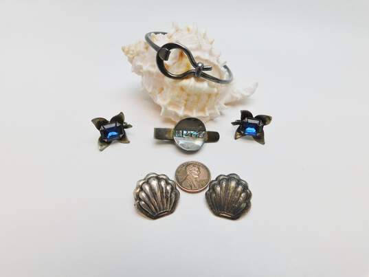 Vintage 925 Taxco Hook On Bangle Abalone Clip & Blue Crystal Seashell Earrings 34.5g image number 5
