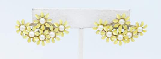 Vintage Yellow Blue & Faux Pearl Double Strand Necklace & Flower Clip-On Earrings 74.6g image number 3